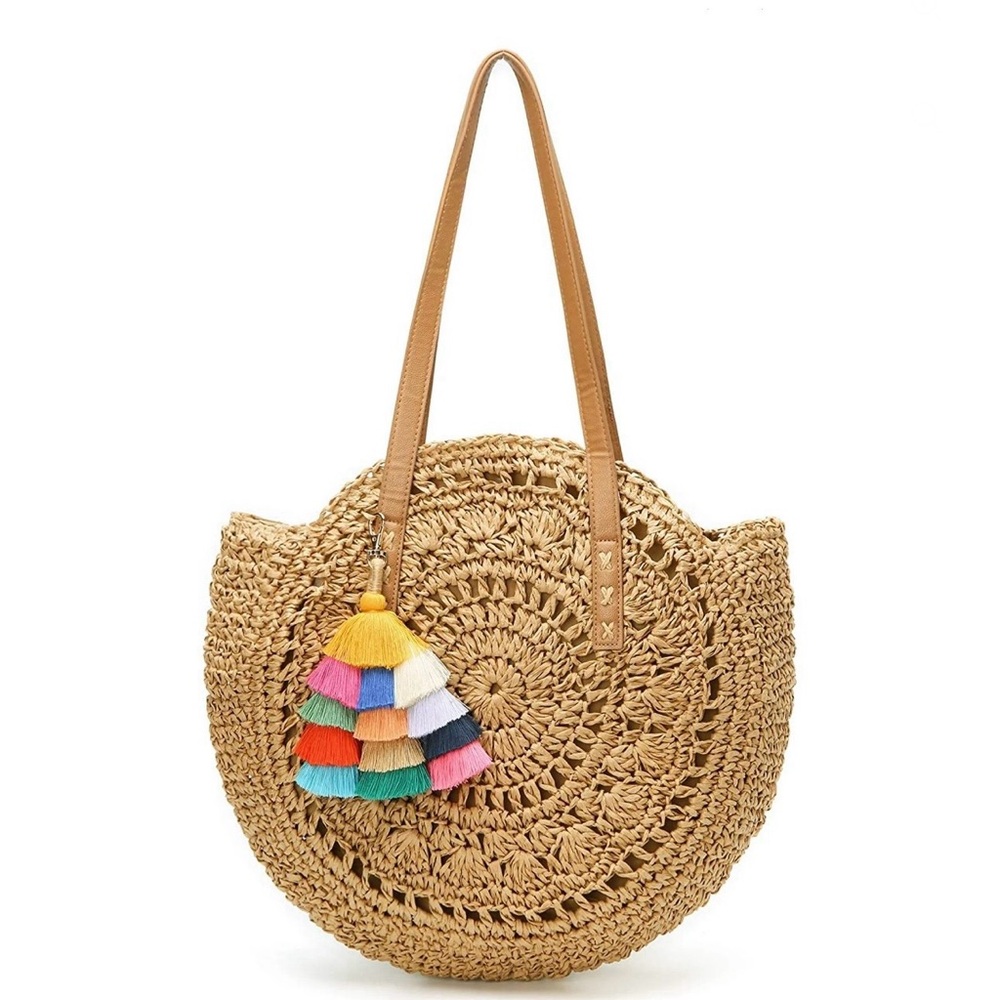 Oversized Tan Woven Bag with Colorful Tassels
